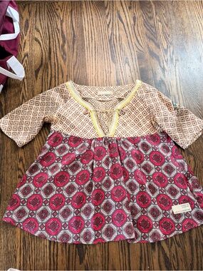 Odd Molly Pink and Beige Printed Peasant Blouse silk 0